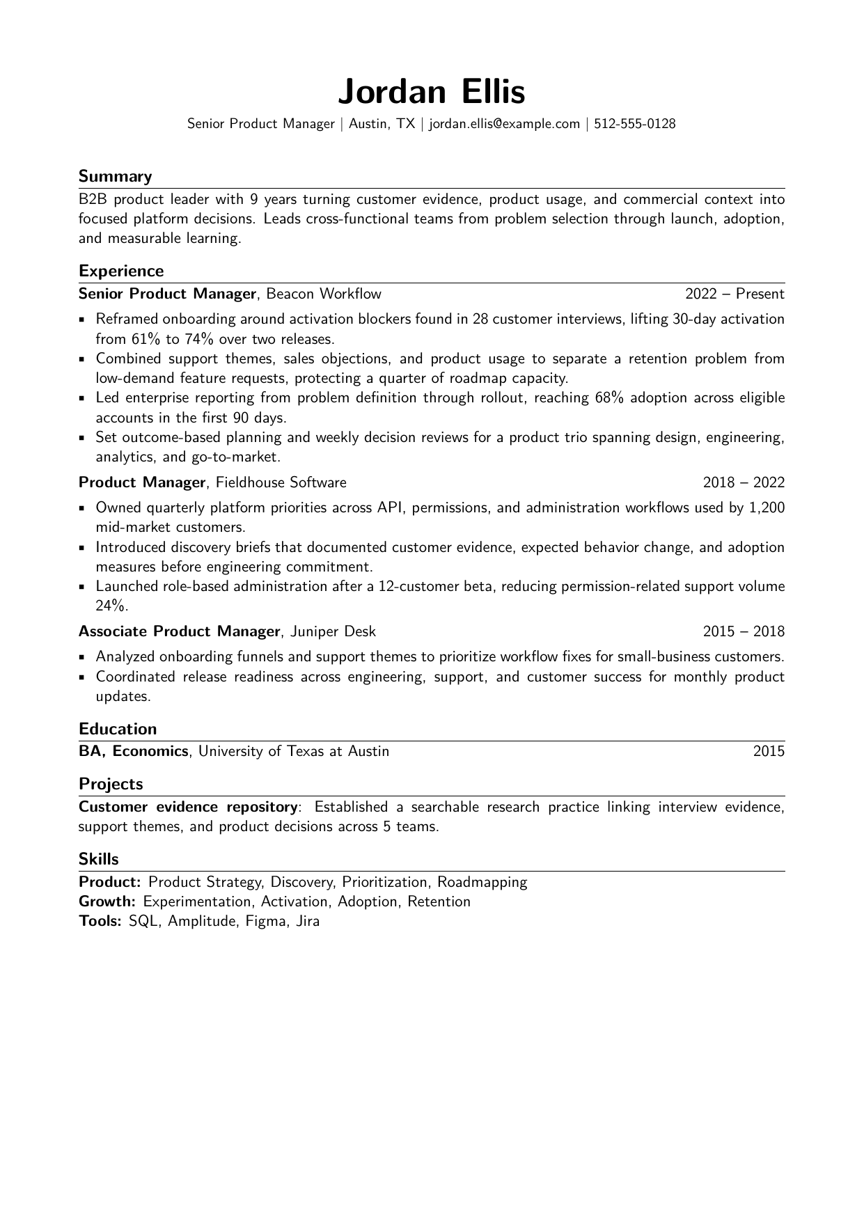 Preview of the fictional Jordan Ellis Senior Product Manager resume