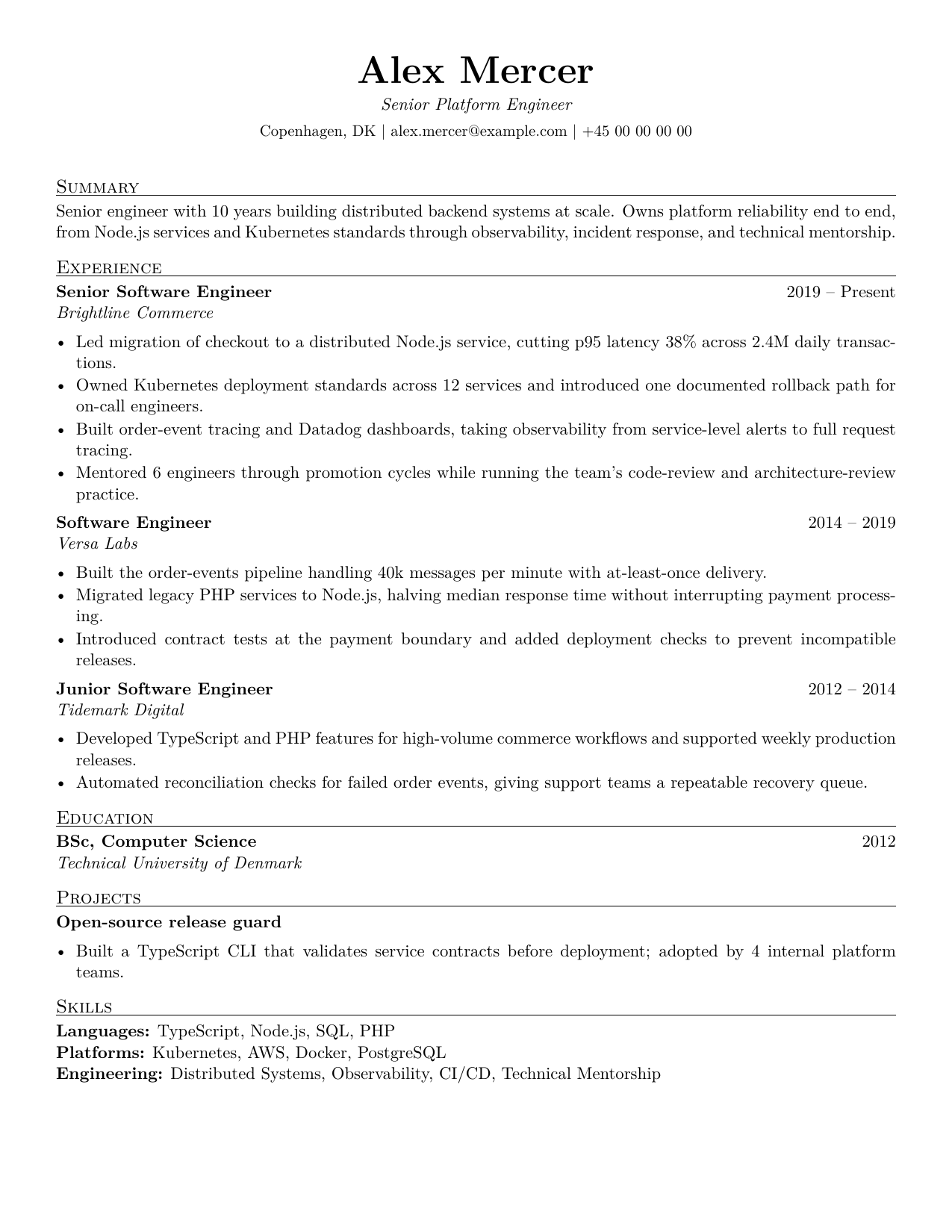 Preview of the fictional Alex Mercer Senior Platform Engineer resume