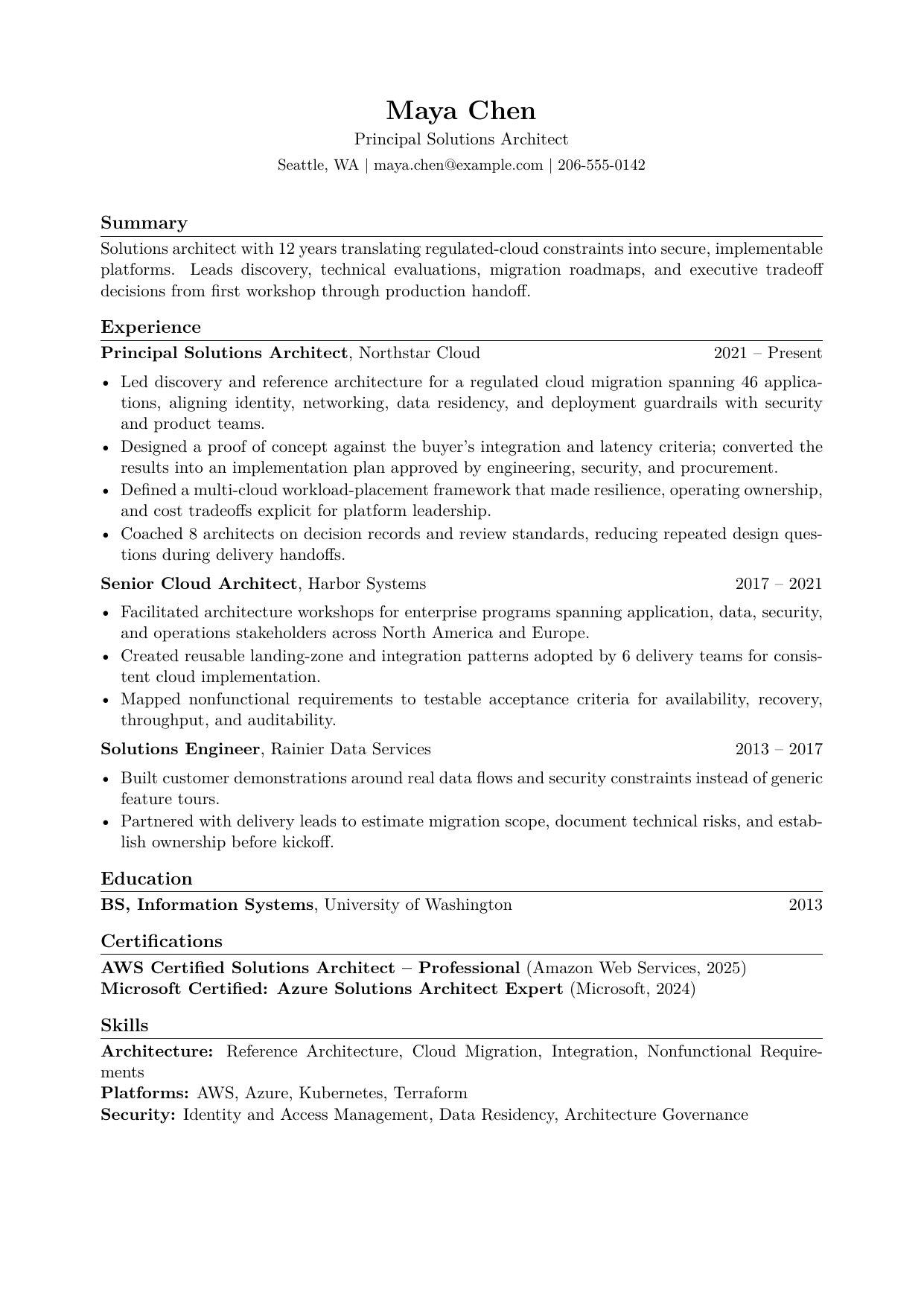 Preview of the fictional Maya Chen Principal Solutions Architect resume